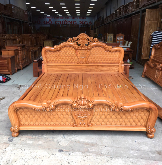 Giường gỗ gõ đỏ cao cấp vạt phản thưa - mẫu hoa hồng 