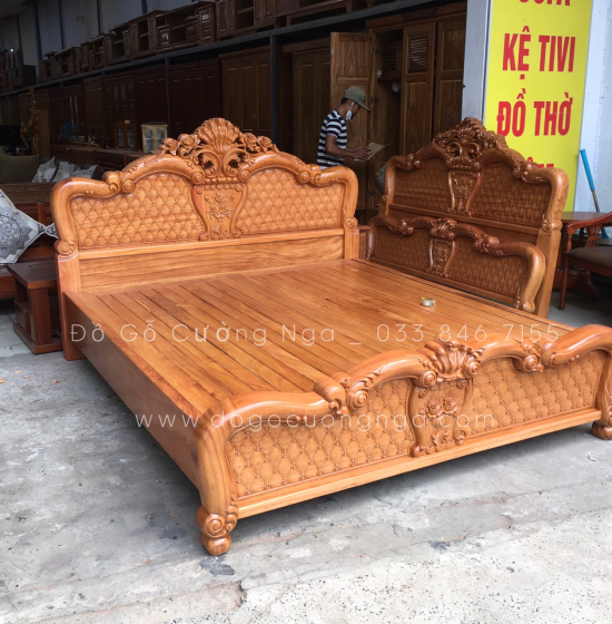 Giường gỗ gõ đỏ cao cấp vạt phản thưa - mẫu hoa hồng 