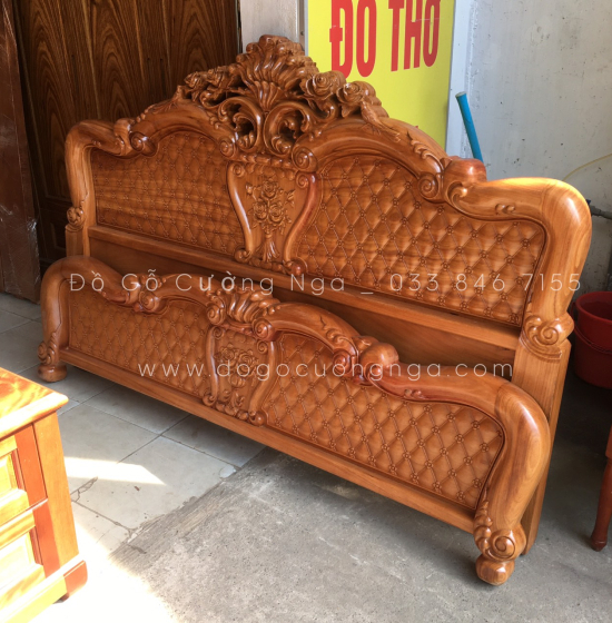 Giường gỗ gõ đỏ cao cấp vạt phản thưa - mẫu hoa hồng 
