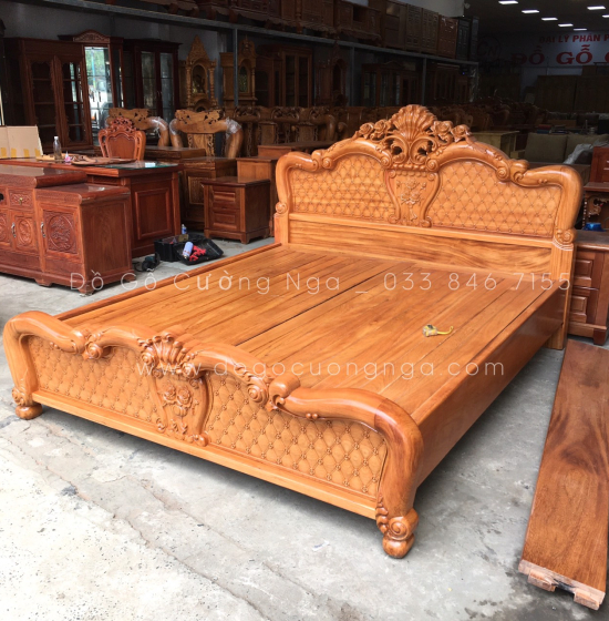 Giường gỗ gõ đỏ cao cấp vạt phản thưa - mẫu hoa hồng 