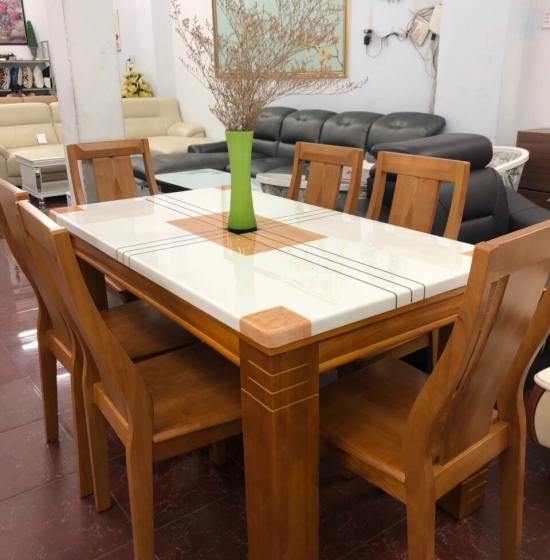 Bộ bàn ghế ăn mặt đá 6 ghế - màu phớt vàng 