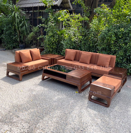 Bộ Ghế Sofa Hai Văng Gỗ Sồi Nga Lau Màu Óc Chó - Chân Choãi Hiện Đại Kèm Nệm 