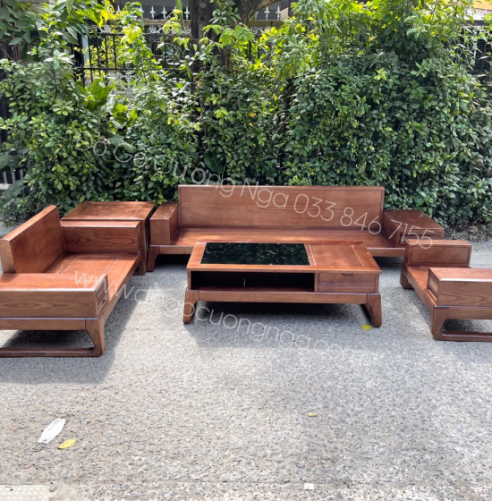 Bộ Ghế Sofa Hai Văng Gỗ Sồi Nga Lau Màu Óc Chó - Chân Choãi Hiện Đại Kèm Nệm 