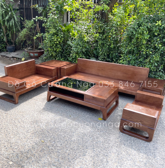 Bộ Ghế Sofa Hai Văng Gỗ Sồi Nga Lau Màu Óc Chó - Chân Choãi Hiện Đại Kèm Nệm 