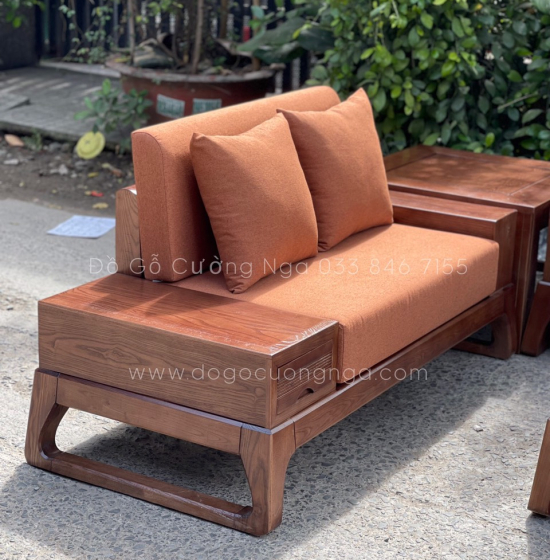 Bộ Ghế Sofa Hai Văng Gỗ Sồi Nga Lau Màu Óc Chó - Chân Choãi Hiện Đại Kèm Nệm 