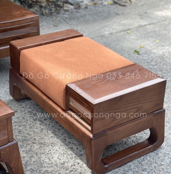 Bộ Ghế Sofa Hai Văng Gỗ Sồi Nga Lau Màu Óc Chó - Chân Choãi Hiện Đại Kèm Nệm 