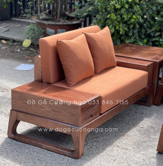 Bộ Ghế Sofa Hai Văng Gỗ Sồi Nga Lau Màu Óc Chó - Chân Choãi Hiện Đại Kèm Nệm 