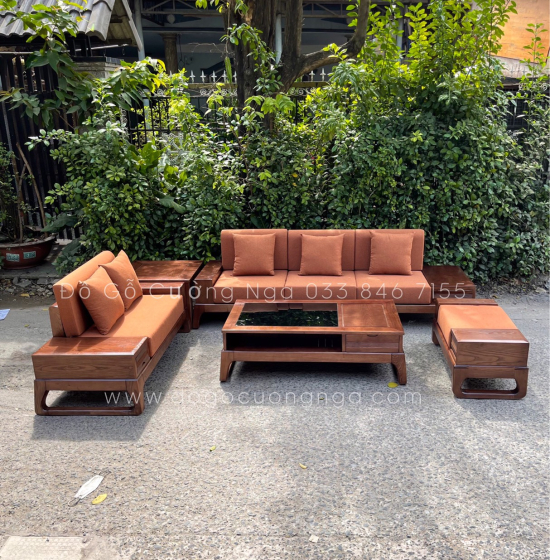 Bộ Ghế Sofa Hai Văng Gỗ Sồi Nga Lau Màu Óc Chó - Chân Choãi Hiện Đại Kèm Nệm 