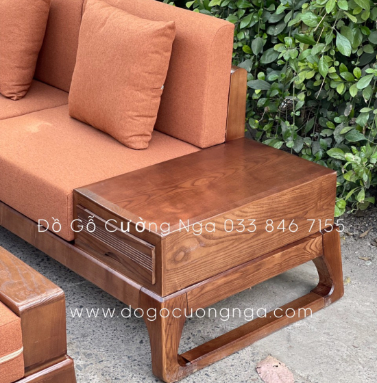 Bộ Ghế Sofa Hai Văng Gỗ Sồi Nga Lau Màu Óc Chó - Chân Choãi Hiện Đại Kèm Nệm 
