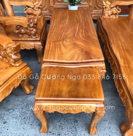 Bộ bàn ghế salon gỗ xà cừ tay 12 chạm nghê hạt 