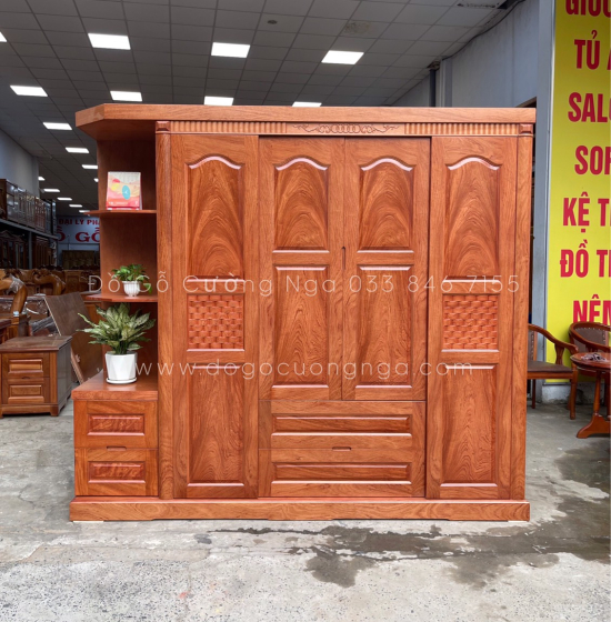 Tủ quần áo gỗ hương đá 4 cánh kèm kệ - vế phải 