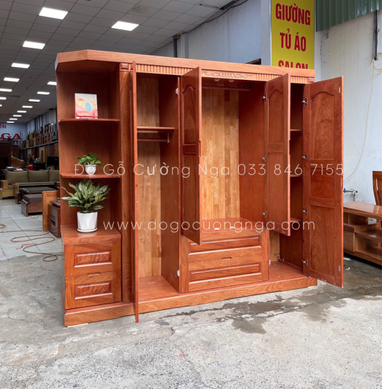 Tủ quần áo gỗ hương đá 4 cánh kèm kệ - vế phải 