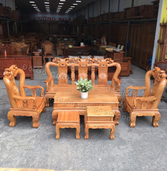 Bộ ghế salon gỗ gõ đỏ tay 12 chạm đào - mặt liền tấm 