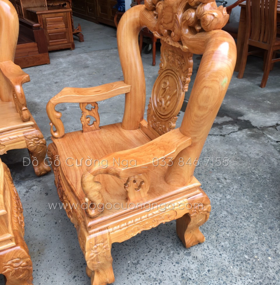 Bộ ghế salon gỗ gõ đỏ tay 12 chạm đào - mặt liền tấm 