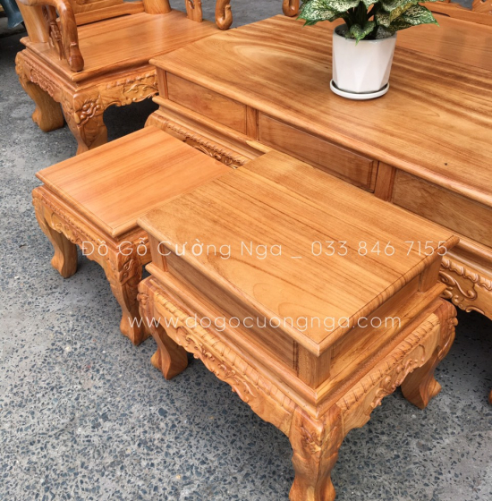 Bộ ghế salon gỗ gõ đỏ tay 12 chạm đào - mặt liền tấm 