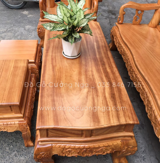 Bộ ghế salon gỗ gõ đỏ tay 12 chạm đào - mặt liền tấm 