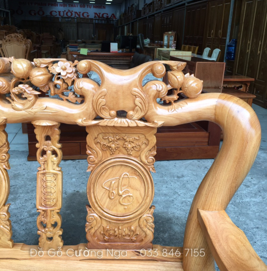 Bộ ghế salon gỗ gõ đỏ tay 12 chạm đào - mặt liền tấm 