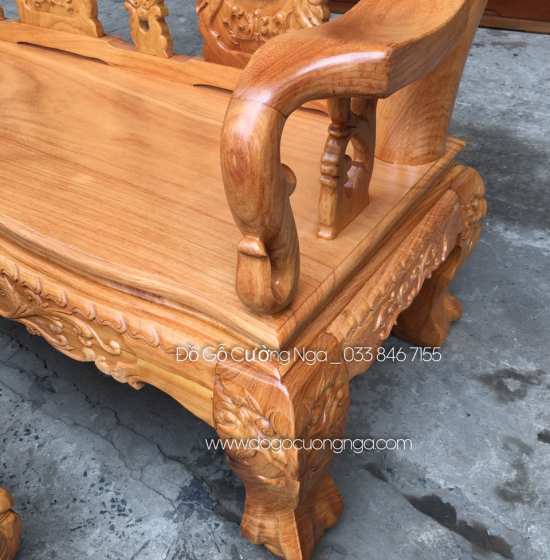 Bộ ghế salon gỗ gõ đỏ tay 12 chạm đào - mặt liền tấm 