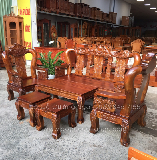 Bộ bàn ghế gỗ tràm tay 12 chạm rồng phượng 