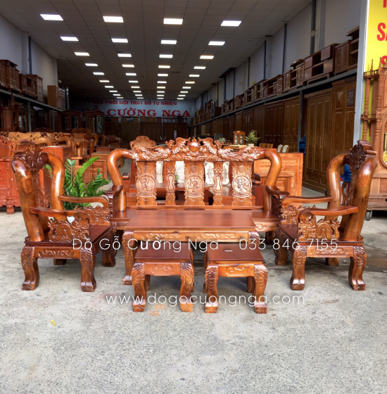 Bộ bàn ghế gỗ tràm tay 12 chạm rồng phượng 
