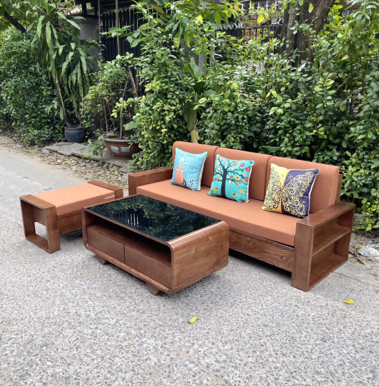 Bộ Ghế Sofa Văng Gỗ Sồi Nga 2m - Lau Màu Óc Chó Hiện Đại Kèm Nệm