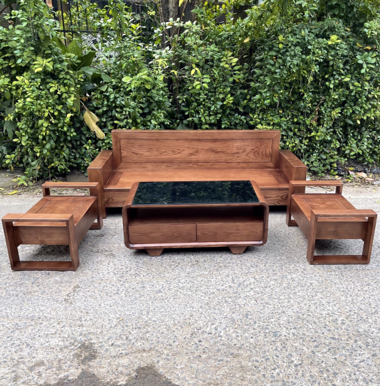 Bộ Ghế Sofa Văng Gỗ Sồi Nga 2m - Lau Màu Óc Chó Hiện Đại Kèm Nệm