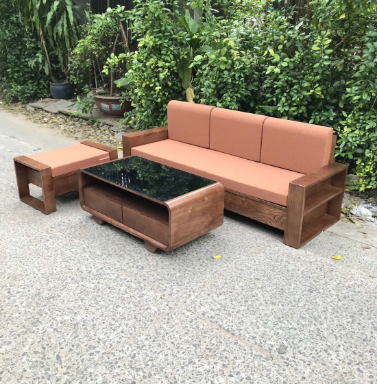 Bộ Ghế Sofa Văng Gỗ Sồi Nga Lau Màu Óc Chó Hiện Đại 