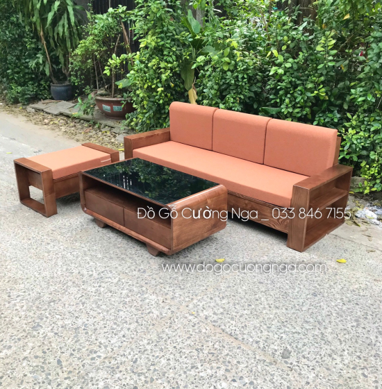 Bộ Ghế Sofa Văng Gỗ Sồi Nga Lau Màu Óc Chó Hiện Đại 