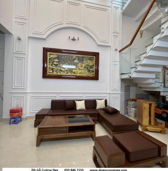 Bộ Bàn Ghế Sofa Góc L Gỗ Sồi Nga Màu Óc Chó Kèm Nệm - Vế Phải