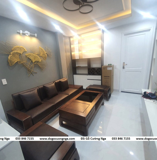Bàn Ghế Sofa Văng Gỗ Sồi Nga Màu Óc Chó Hiện Đại - 2m4 Kèm Nệm 