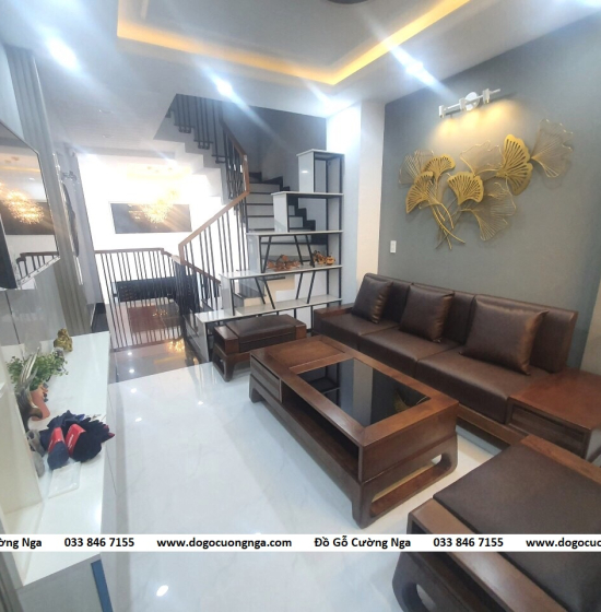 Bàn Ghế Sofa Văng Gỗ Sồi Nga Màu Óc Chó Hiện Đại - 2m4 Kèm Nệm 