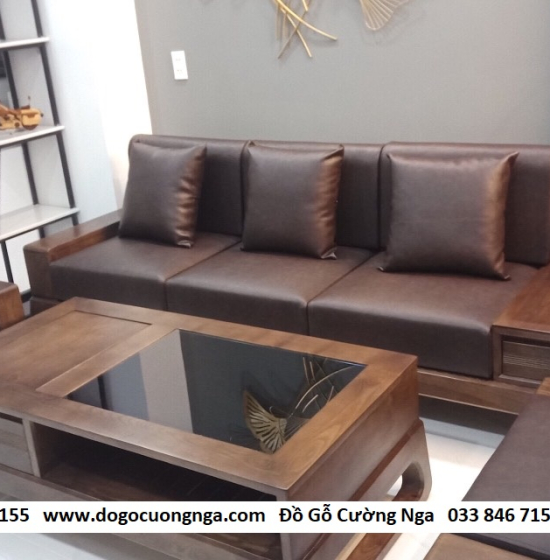Bàn Ghế Sofa Văng Gỗ Sồi Nga Màu Óc Chó Hiện Đại - 2m4 Kèm Nệm 