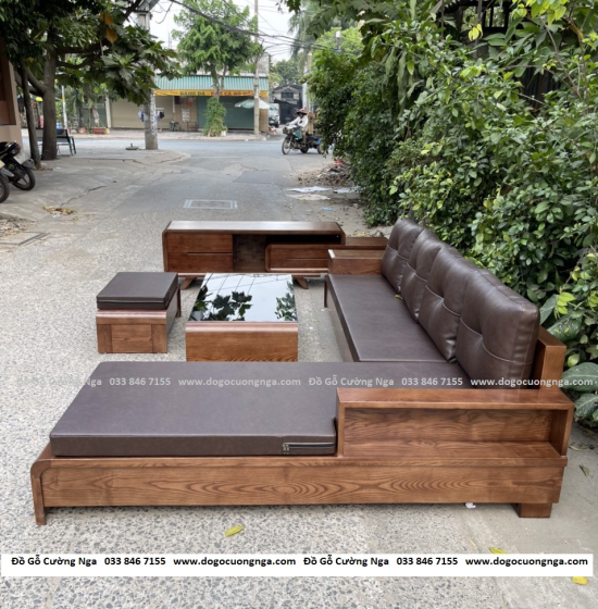 Bộ Ghế Sofa Gỗ Sồi Nga Lau Màu Óc Chó Kèm Nệm Chân Cuốn - Vế Phải 