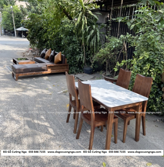 Bộ bàn ăn gỗ sồi nga mặt đá 4 ghế - màu óc chó BS 09
