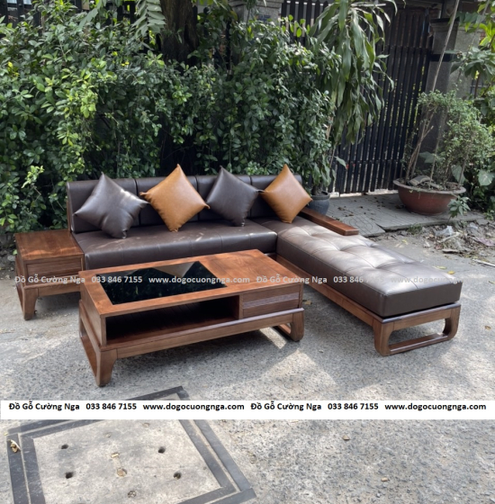 Bàn Ghế Sofa Góc L Gỗ Sồi Nga Màu Óc Chó Cao Cấp