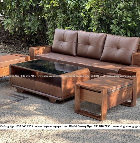 Bộ Bàn Ghế Sofa Văng 2m3 Gỗ Sồi Nga Lau Màu Óc Chó 