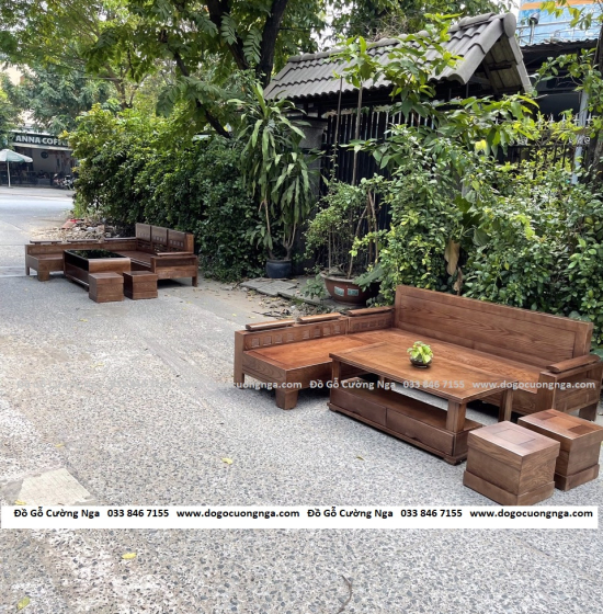 Bộ Ghế Sofa Gỗ Sồi Nga Lau Màu Óc Chó 2mx1m8 - Tay Trứng 