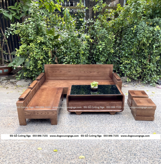 Bộ Ghế Sofa Gỗ Sồi Nga Góc L 2mx1m8 - Màu Óc Chó Tựa Liền 