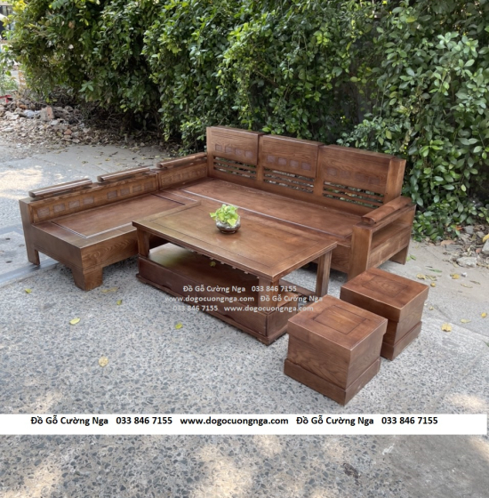 Bộ Ghế Sofa Gỗ Sồi Nga Lau Màu Óc Chó 2mx1m8 - Tay Trứng 