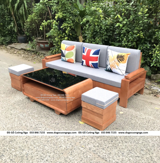 Bàn Ghế Sofa Văng Gỗ Sồi Nga Kèm Nệm Hiện Đại Màu Xoan 