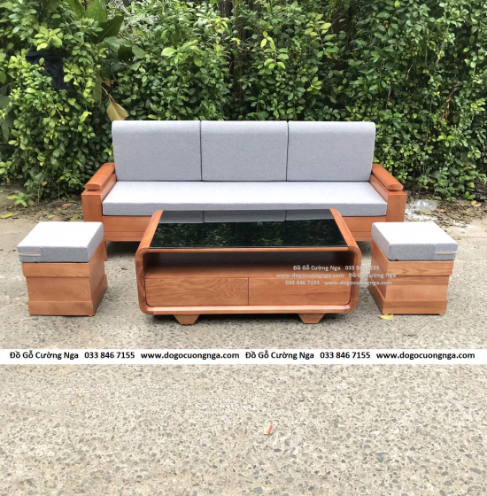 Bàn Ghế Sofa Văng Gỗ Sồi Nga Kèm Nệm Hiện Đại Màu Xoan 