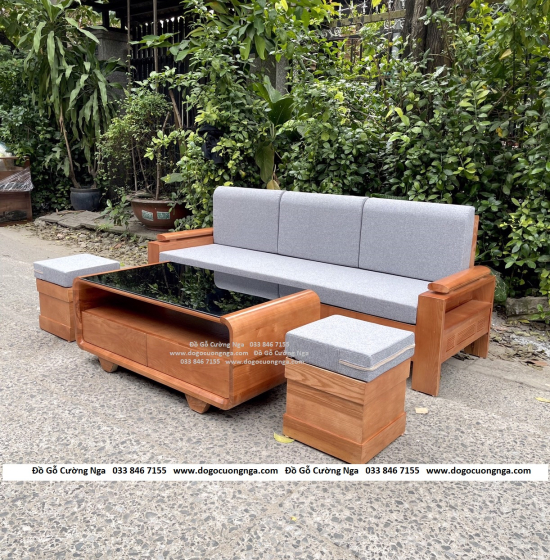 Bàn Ghế Sofa Văng Gỗ Sồi Nga Kèm Nệm Hiện Đại Màu Xoan 