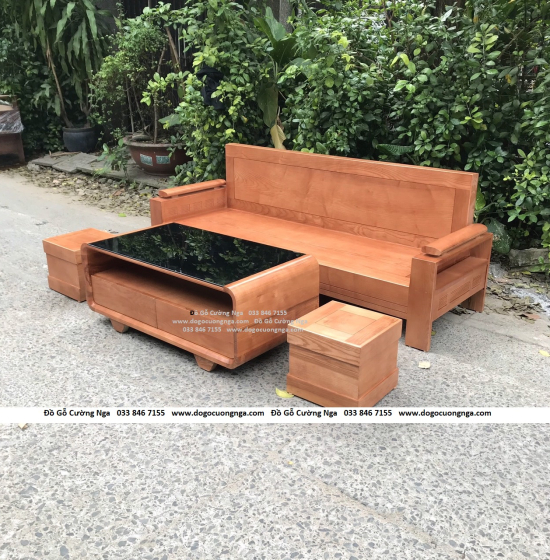 Bàn Ghế Sofa Văng Gỗ Sồi Nga Kèm Nệm Hiện Đại Màu Xoan 