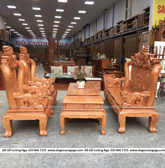Bộ bàn ghế salon gỗ gõ đỏ 12 trạm nghê phượng cao cấp 