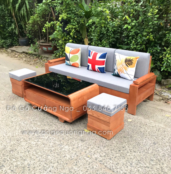 Bàn Ghế Sofa Văng Gỗ Sồi Nga Kèm Nệm Hiện Đại Màu Xoan 