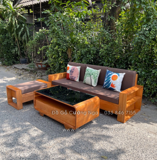 Bộ Ghế Sofa Văng 2m Gỗ Sồi Nga Lau Màu Gõ Đỏ - Kèm Nệm 