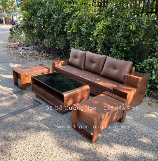 Bộ Bàn Ghế Sofa Văng 2m3 Gỗ Sồi Nga Lau Màu Óc Chó 