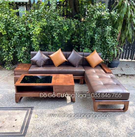 Bàn Ghế Sofa Góc L Gỗ Sồi Nga Màu Óc Chó Cao Cấp
