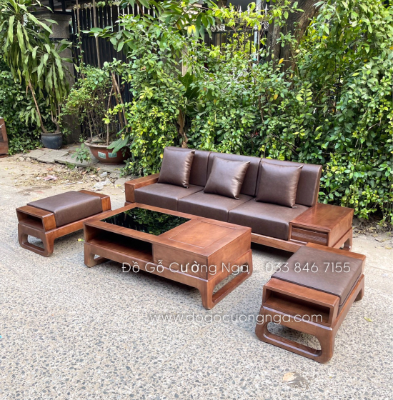 Bộ Sofa Văng Gỗ Sồi Nga Lau Màu Óc Chó 2m3 Kèm Nệm 