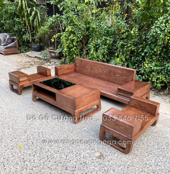 Bàn Ghế Sofa Văng Gỗ Sồi Nga Màu Óc Chó Hiện Đại - 2m4 Kèm Nệm 